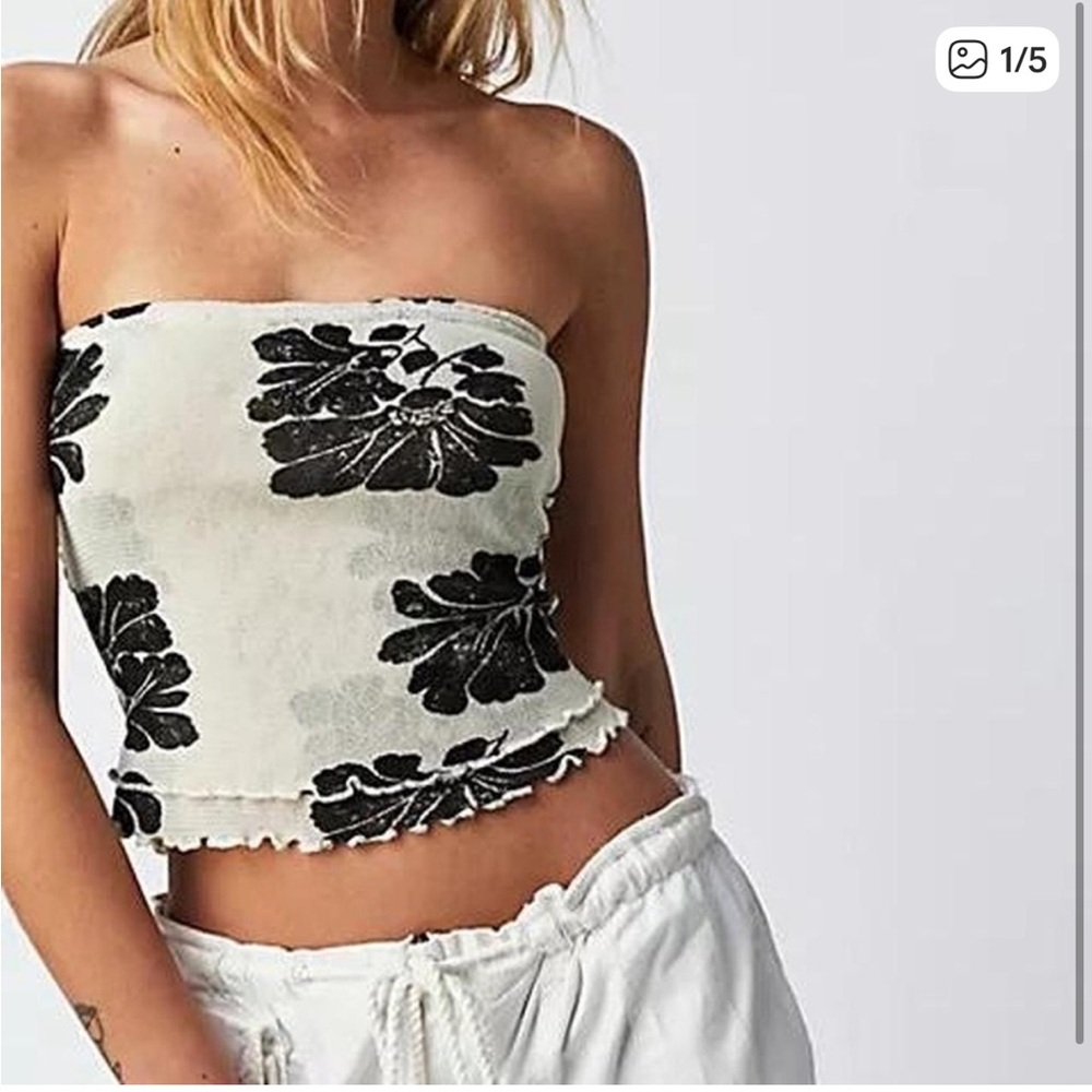 Free People White Tube Top with Black Floral Print